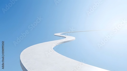 Winding White Bridge Curving Over Bright Blue Sky in Minimalist Scenic Landscape