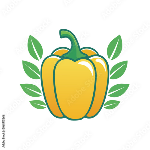 Yellow Bell Pepper with Green Leaves Vector Illustration