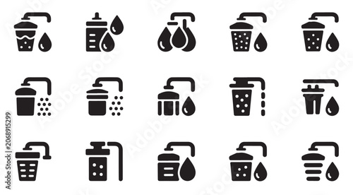 Canvastavla Water filtration system icons set including filter jugs and drops for drinking purification