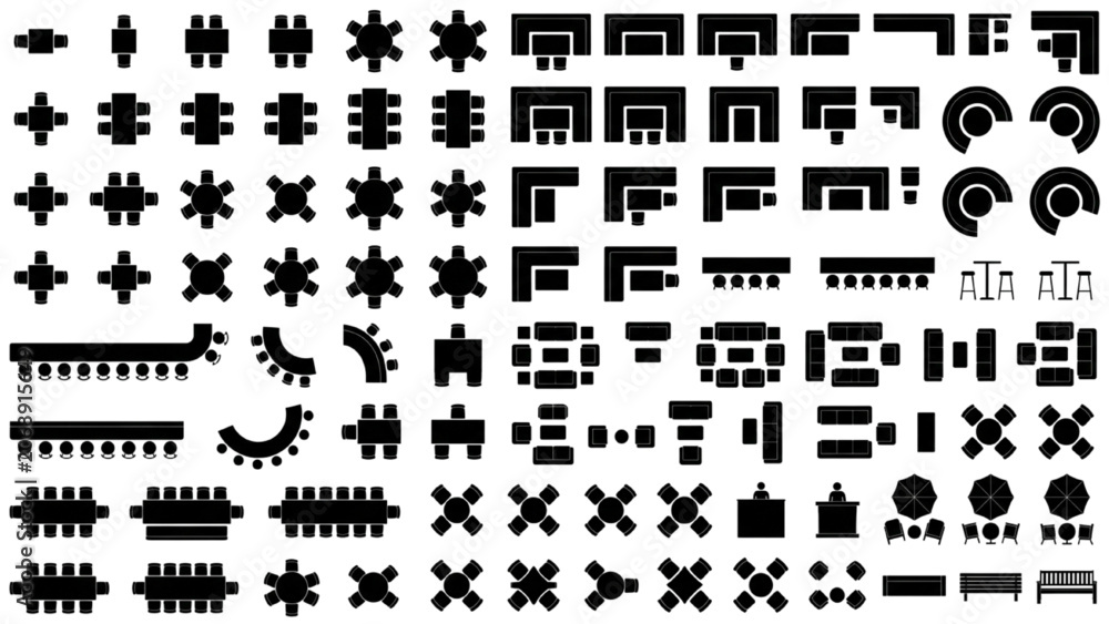 Fototapeta premium Commercial Restaurant Modular Seating and Cafe Desk Floor Plan CAD Blocks Set
