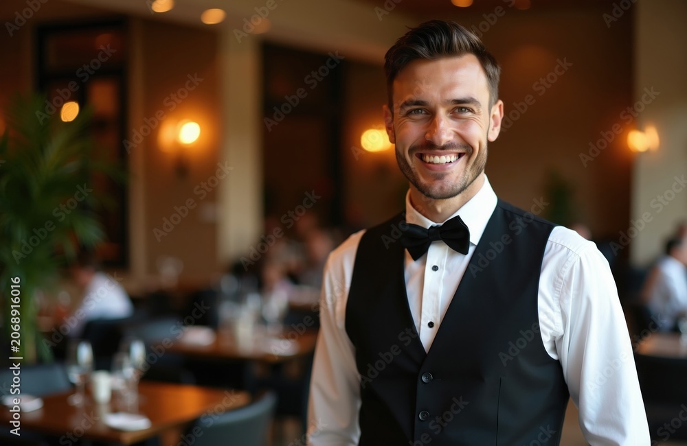 Fototapeta premium Smiling waiter in black vest and bow tie stands in upscale restaurant. Man offers professional service with warm ambient lighting. He is ready to assist guests at dining tables.