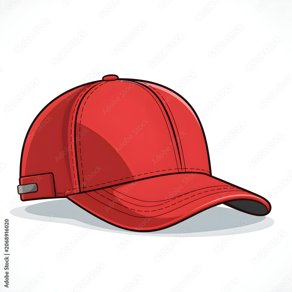 Fototapeta premium Modern red baseball cap cartoon vector isolated on white background, ideal for fashion, sports, apparel branding, retail graphics, and design projects.