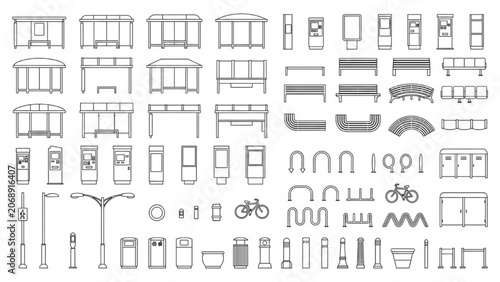 Public Streetscape and Park Amenities Vector Set with Line Art CAD Blocks Elevation View
