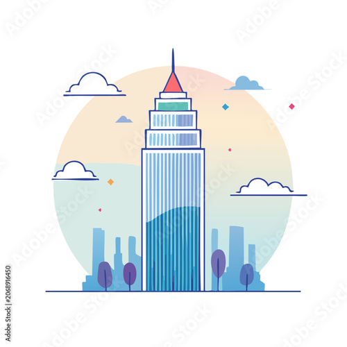 Flat illustration of a modern skyscraper with cityscape