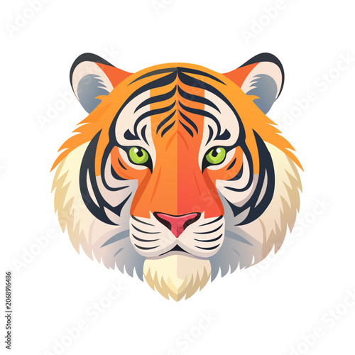 Flat illustration of a tiger head with green eyes