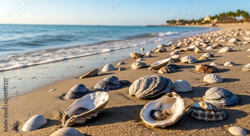 Seashells scattered on sandy beach with ocean waves and blue sky