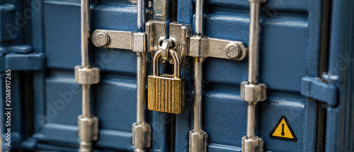 Locked metal padlock securing blue shipping container door with metal bars and warning sign, symbolizing safety and protection