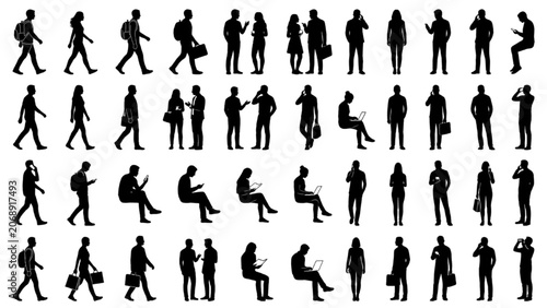 Architectural Elevation Scale People Silhouettes Vector Set with Side View Figures