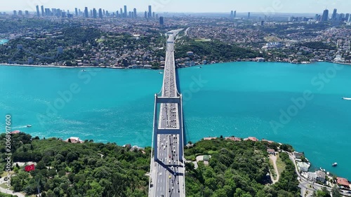 Aerial view of the turquoise Bosphorus and bridges, featuring a unique Istanbul cityscape on a summer day (D-Log unprocessed footage).