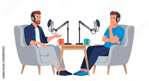 Podcast, interview, two men, talking, microphones, recording, discussion, chat, conversation, audio, vector illustration