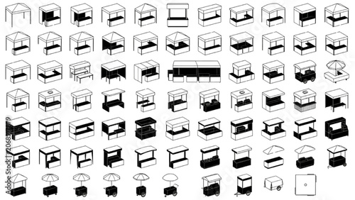Isometric Market Stall CAD Blocks Vector Set with Festival Booth and Food Cart Kiosks