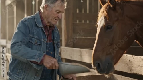 Farmer feeding horses inside an old wooden barn during soft morning light.