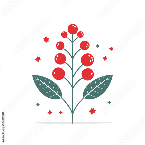 Flat illustration of holly berries with leaves and stars