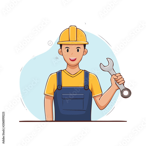 Flat vector illustration of a construction worker holding a wrench