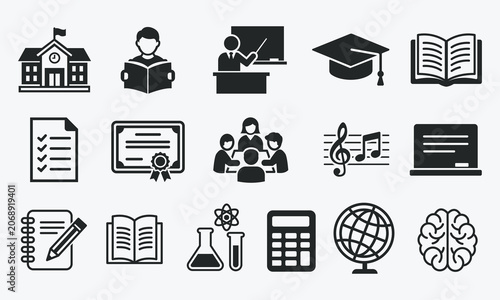 Education and Learning Icons Set – School, Teaching, Study, Knowledge and Academic Symbols