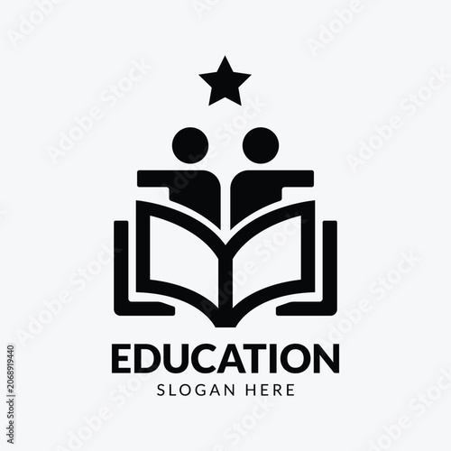 Minimal Black Education Logo with Open Book, Students, and Star
