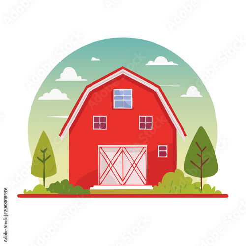 Red barn with trees and sky in flat illustration style