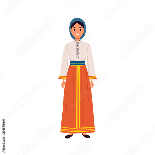 Woman in Traditional Folk Costume, Flat Vector Illustration