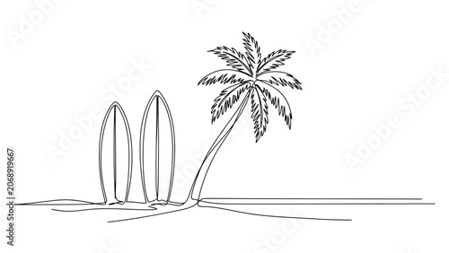 Surfboards and palm tree on a beach scene drawing