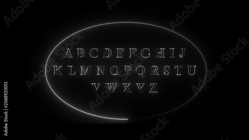 Glowing neon alphabet A to Z animation, letters appearing sequentially with smooth light trails, futuristic digital glow, seamless loop, transparent background, professional motion graphics, 4K.
