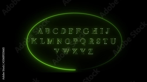 Glowing neon alphabet A to Z animation, letters appearing sequentially with smooth light trails, futuristic digital glow, seamless loop, transparent background, professional motion graphics, 4K.
