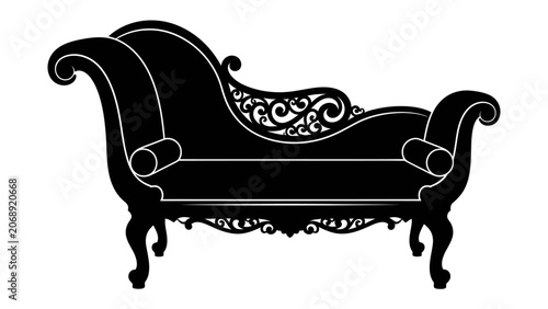 Foto Ornate Chaise Lounge Silhouette: An elegant black silhouette of a vintage chaise lounge, featuring scrolling armrests and a richly decorated frame, exudes timeless sophistication