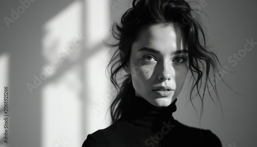 Black, white studio portrait of woman with dark hair tied back. Light casts shadows across face. Wears black turtleneck sweater. Look direct, intense, conveying sophisticated elegance, timeless