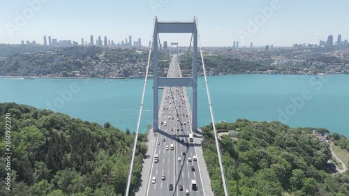 Aerial view of the turquoise Bosphorus and bridges, featuring a unique Istanbul cityscape on a summer day (D-Log unprocessed footage).