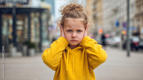 Child Protecting Ears from Excessive Urban Noise Pollution in City Street
