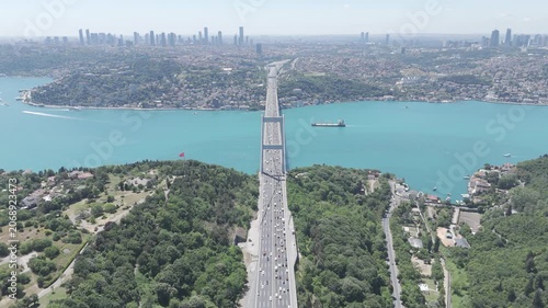 Aerial view of the turquoise Bosphorus and bridges, featuring a unique Istanbul cityscape on a summer day (D-Log unprocessed footage).