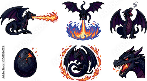 Photos Fantasy Black Dragon Cartoon Vector Set Featuring Fire Breathing Wyverns Roaring