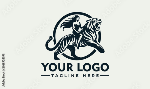 Schilderij op canvas Powerful tiger and woman rider circular vector logo illustration design