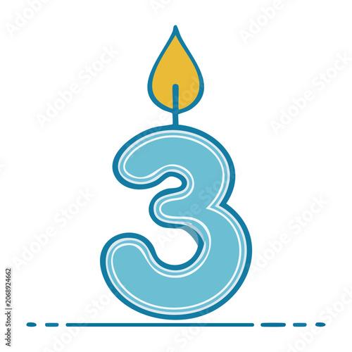 Blue number 3 birthday candle with yellow flame