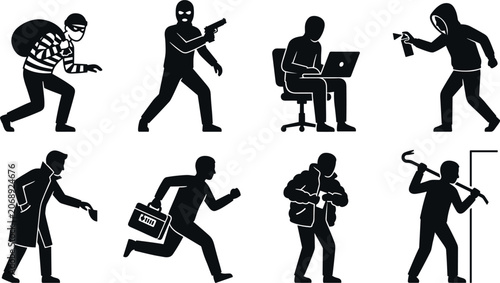 Foto Criminal Thief and Cyber Hacker Silhouette Icon Set Featuring Burglary Robbery P