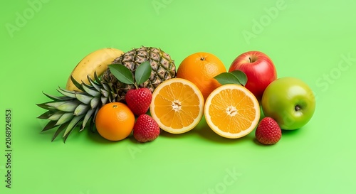Vibrant Assortment of Fresh Fruits on a Bright Green Background