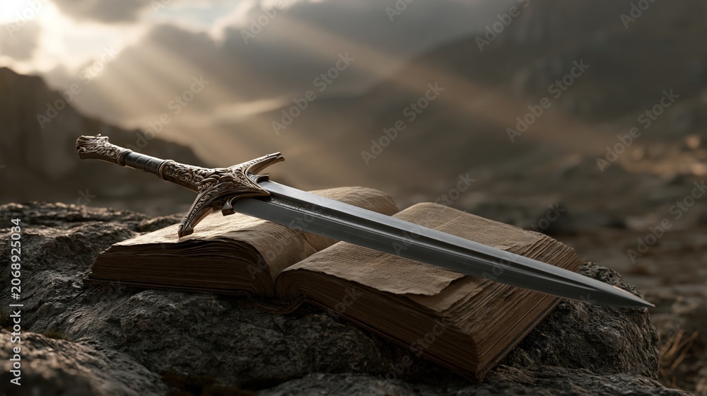 Obraz premium Bible and Sword Representing Faith, Strength and Protection