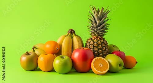 Vibrant Assortment of Fresh Fruits on a Lime Green Background