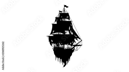 Photos Silhouette of a Ghost Ship: An eerie silhouette of a tattered, phantom galleon adrift on spectral waters, its tattered sails and ghostly form evoking mystery and the supernatural