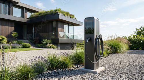 Modern electric car charging station outside luxury contemporary house with green garden
