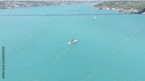 Aerial view of the turquoise Bosphorus and bridges, featuring a unique Istanbul cityscape on a summer day (D-Log unprocessed footage).