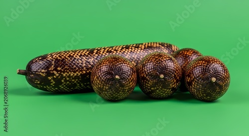 Exotic Snake Eggs and Sausage-Shaped Fruit on Green Background