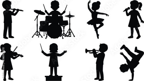 Konstfotografi Black and white kids silhouette vector set featuring children playing musical in