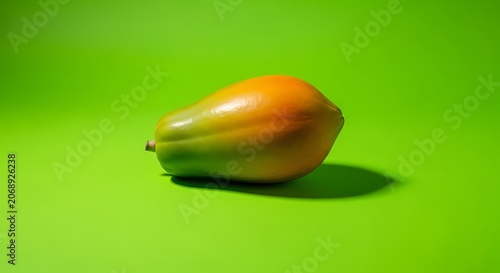 Single Ripe Papaya Fruit on Green Background, Studio Shot