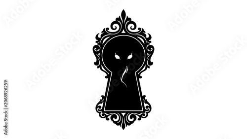 Photos Eerie Vision through a Keyhole: A shadowy, menacing figure with glowing eyes and a serpentine form lurks within a vintage, ornate keyhole, suggesting a hidden threat or dark secret