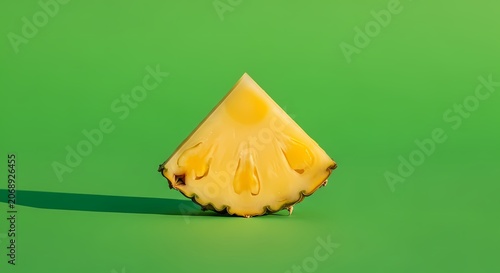 Pineapple slice on green background with shadow, vibrant tropical fruit concept