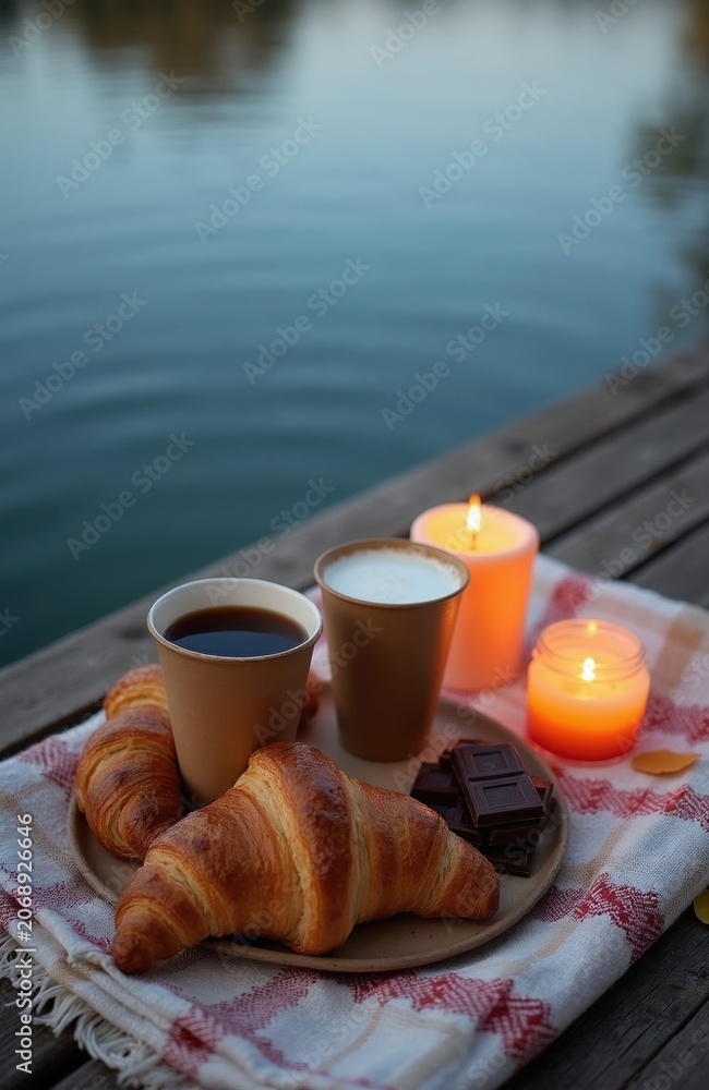 Fototapeta premium Couple enjoys breakfast picnic on wooden pier by lake. Croissants coffee chocolate and candles create romantic autumn mood. Peaceful water backdrop.