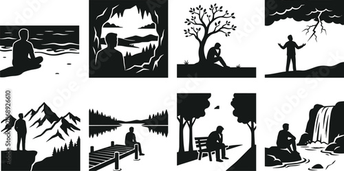 Tableau sur toile Black and white solitary man silhouette vector set featuring male figures contem