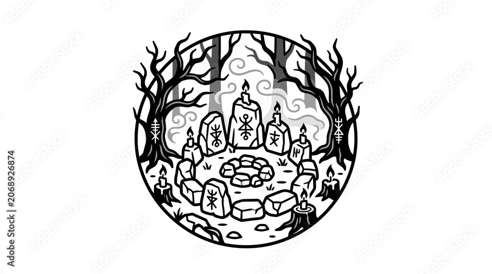 Obraz premium Mystical Ritual Circle with Rune Stones and Candles in Forest.