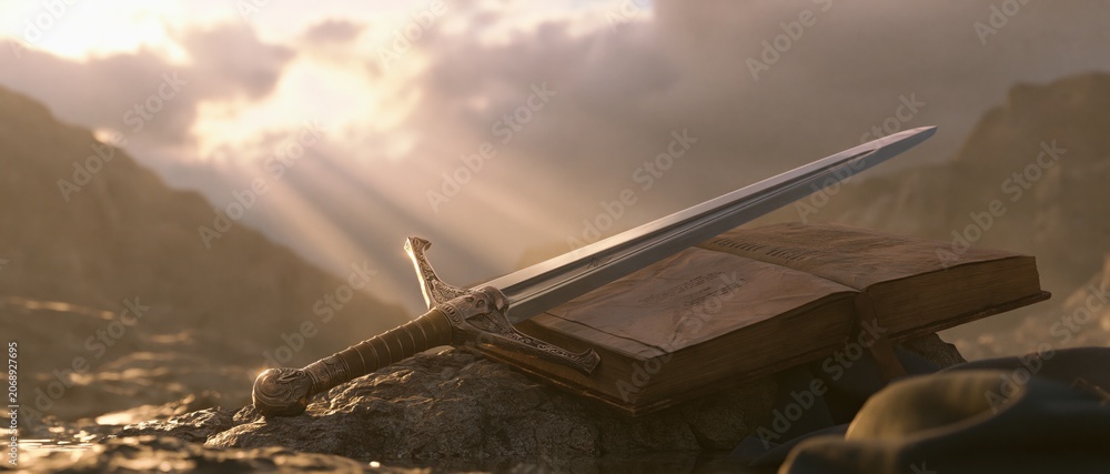 Obraz premium Bible and Sword Representing Faith, Strength and Protection