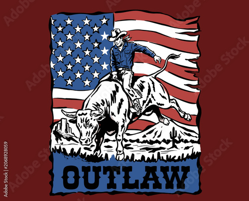 Fotografie Cowboy bull riding illustration